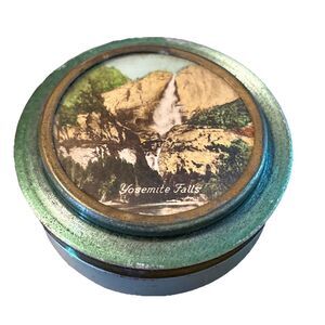 Vintage Yosemite Falls CA Small Round Metal Tin Souvenir Trinket Box